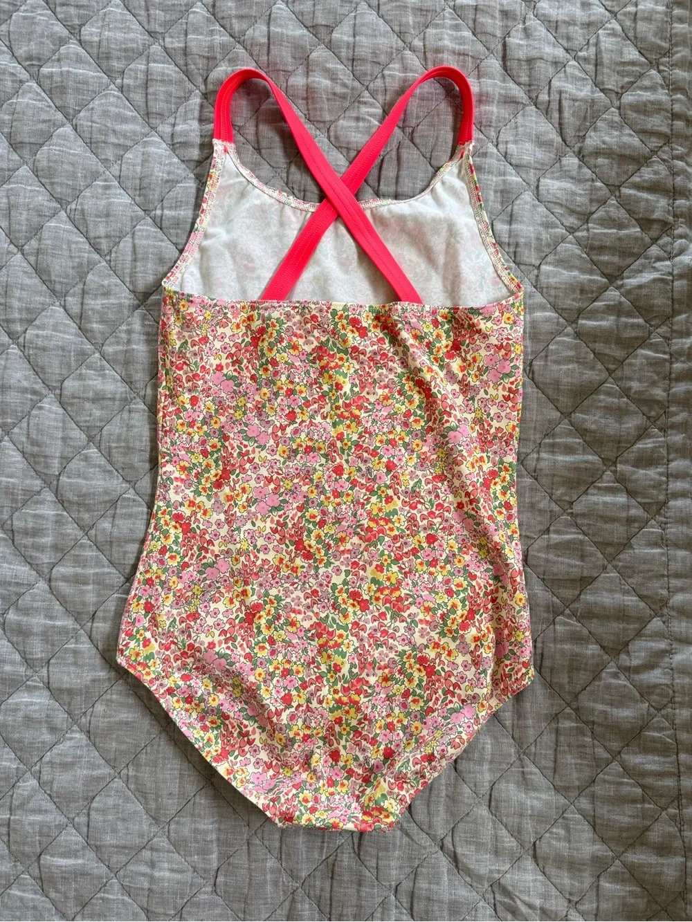 Boden Girls' Pink Floral One-Piece Swimsuit with Coral Straps